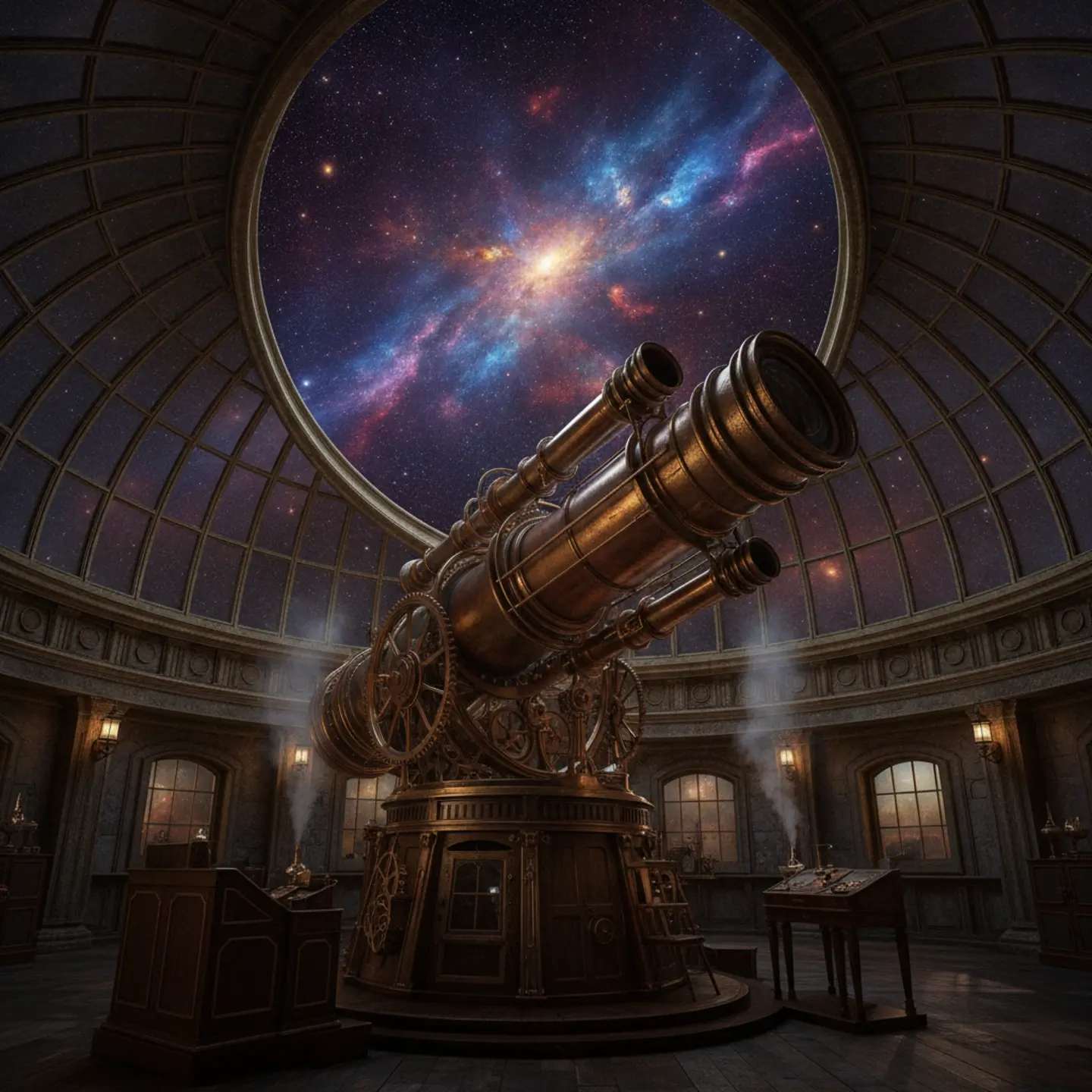 A massive brass telescope pointing towards a vibrant purple nebula